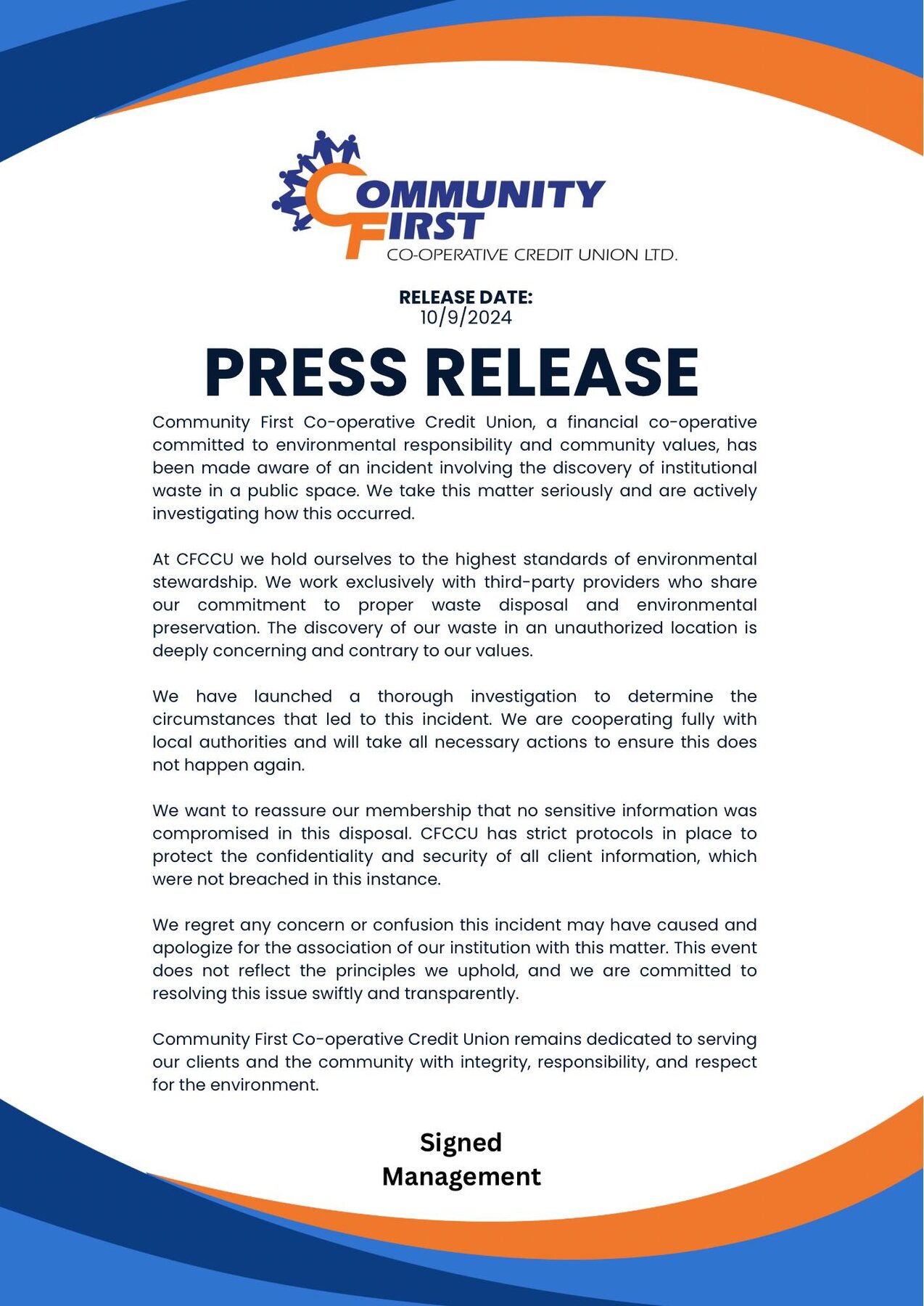 CFCCU Responds to Institutional Waste Disposal Incident