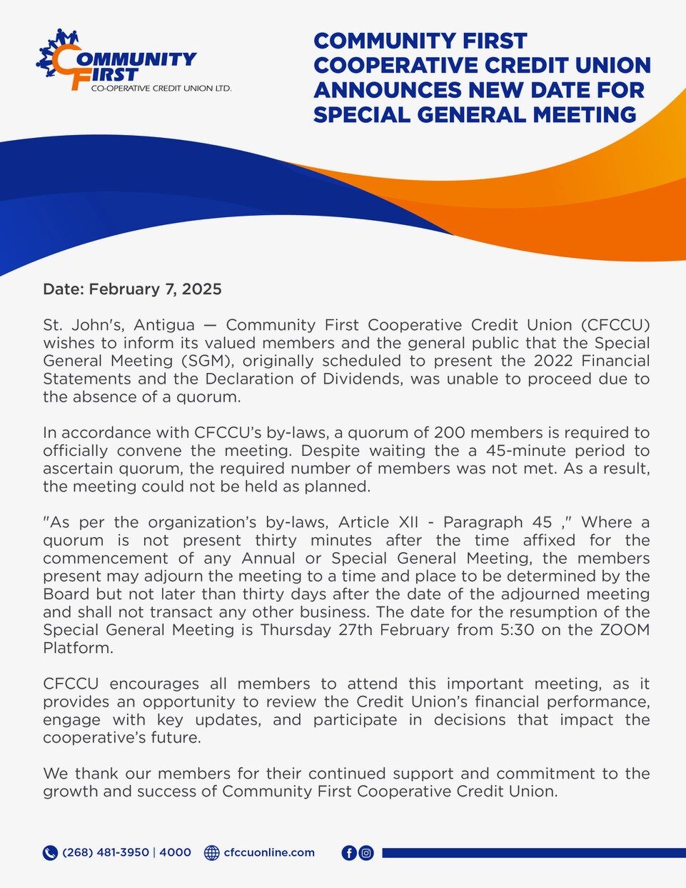 Community First Announces New Date for Special General Meeting