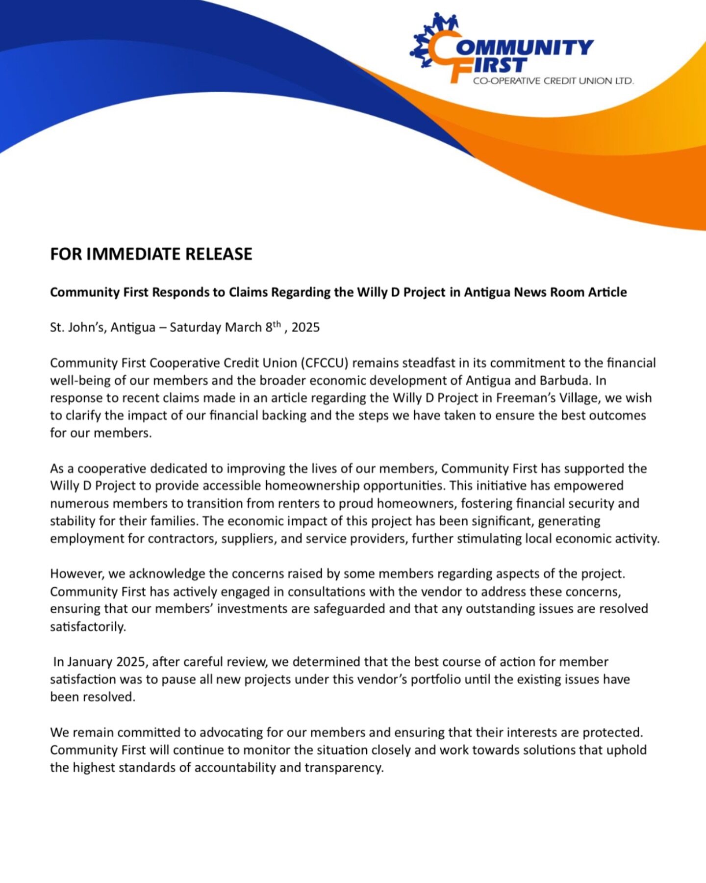 Community First Responds to Claims Regarding the Willy D Project