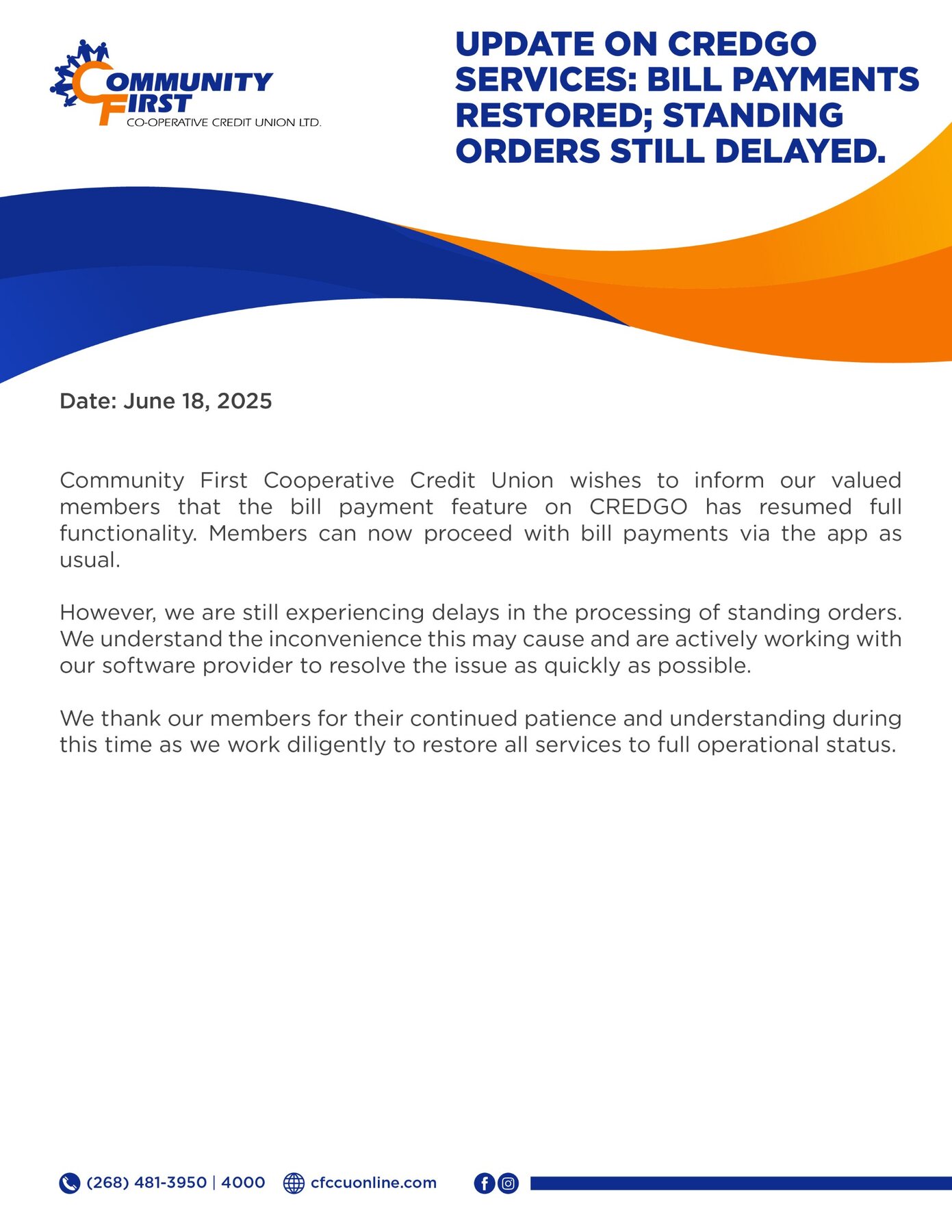 CREDGO Bill Payments Restored; Standing Orders Still Delayed